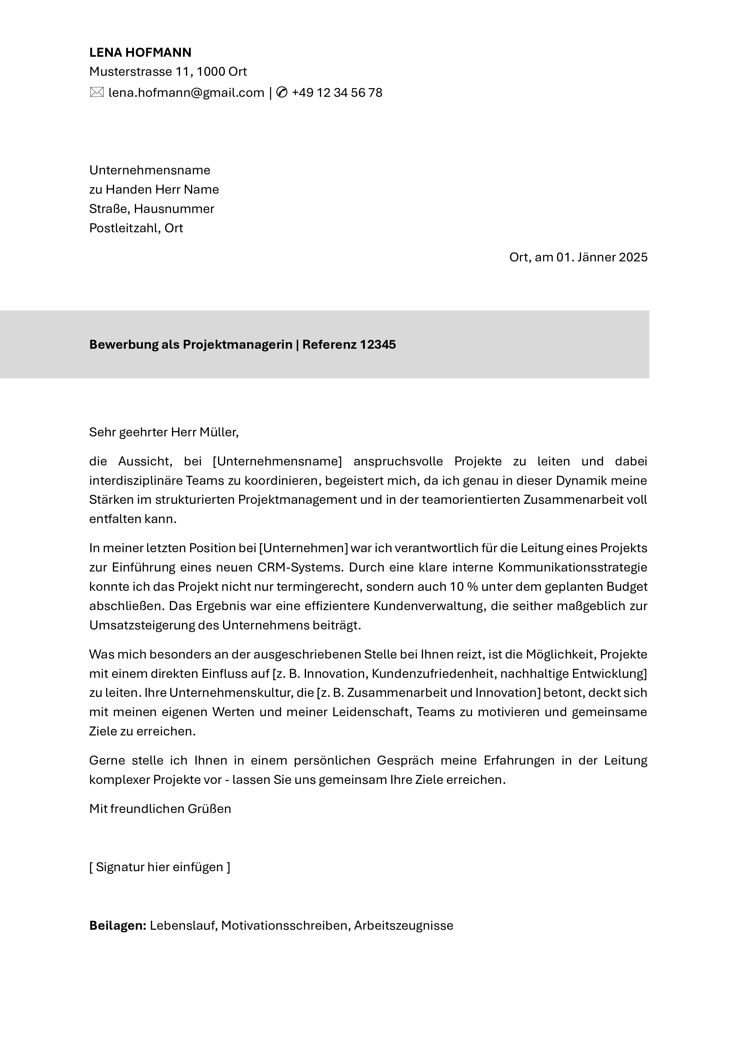 Ein professionelles klassisches Bewerbungsschreiben-Template in Word mit traditionellem Layout, klarer Formatierung und übersichtlicher Struktur für eine seriöse Bewerbung im konservativen Umfeld.
