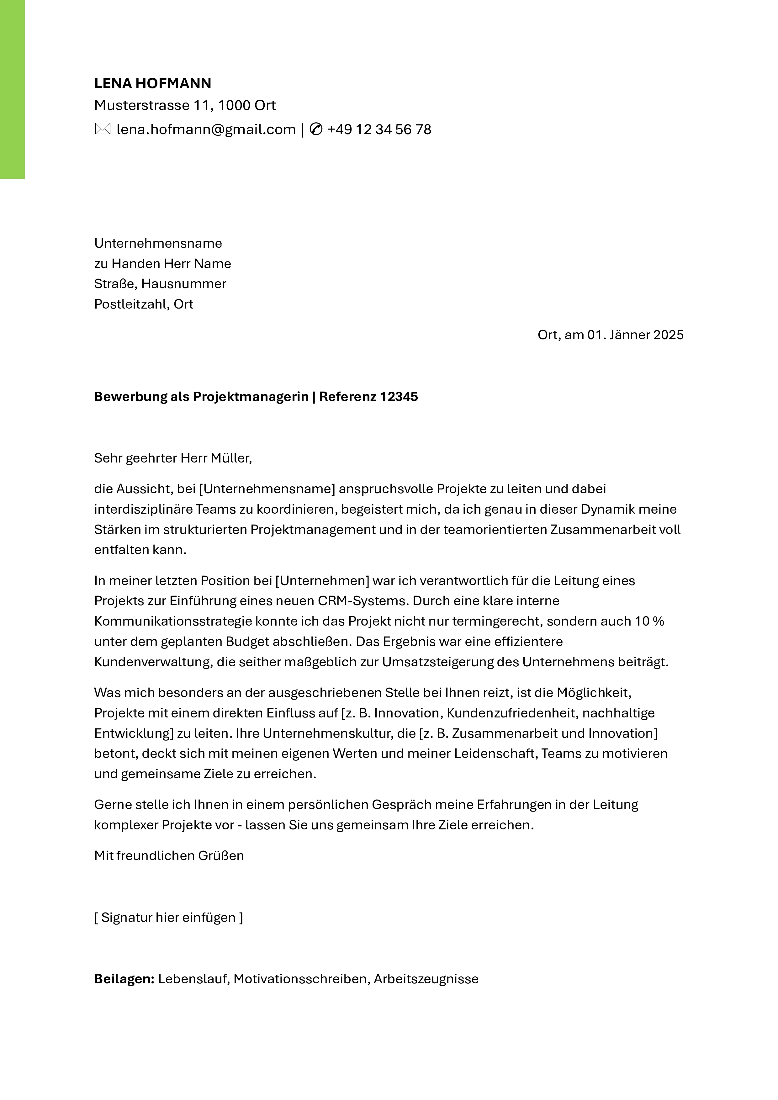Kreatives Bewerbungsschreiben-Template mit dynamischem grünem Seitenakzent, innovativem Design und strukturiertem Layout für Bewerber, die sich von der Masse abheben und ihre Persönlichkeit zum Ausdruck bringen möchten.