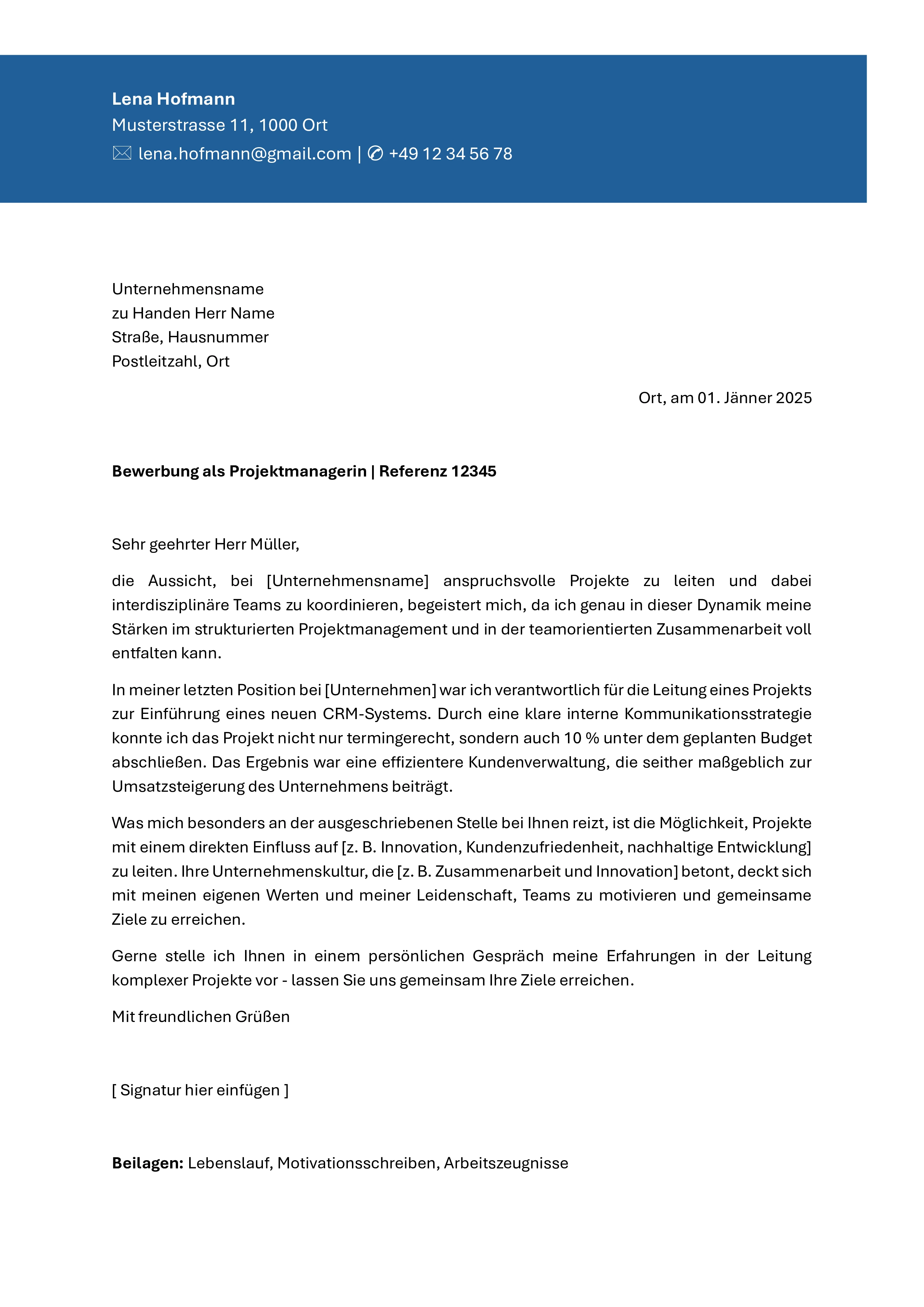 Modernes Bewerbungsschreiben-Template mit attraktivem blauem Header, zeitgemäßem Design und übersichtlicher Struktur für eine professionelle und zeitgemäße Präsentation im Bewerbungsprozess.