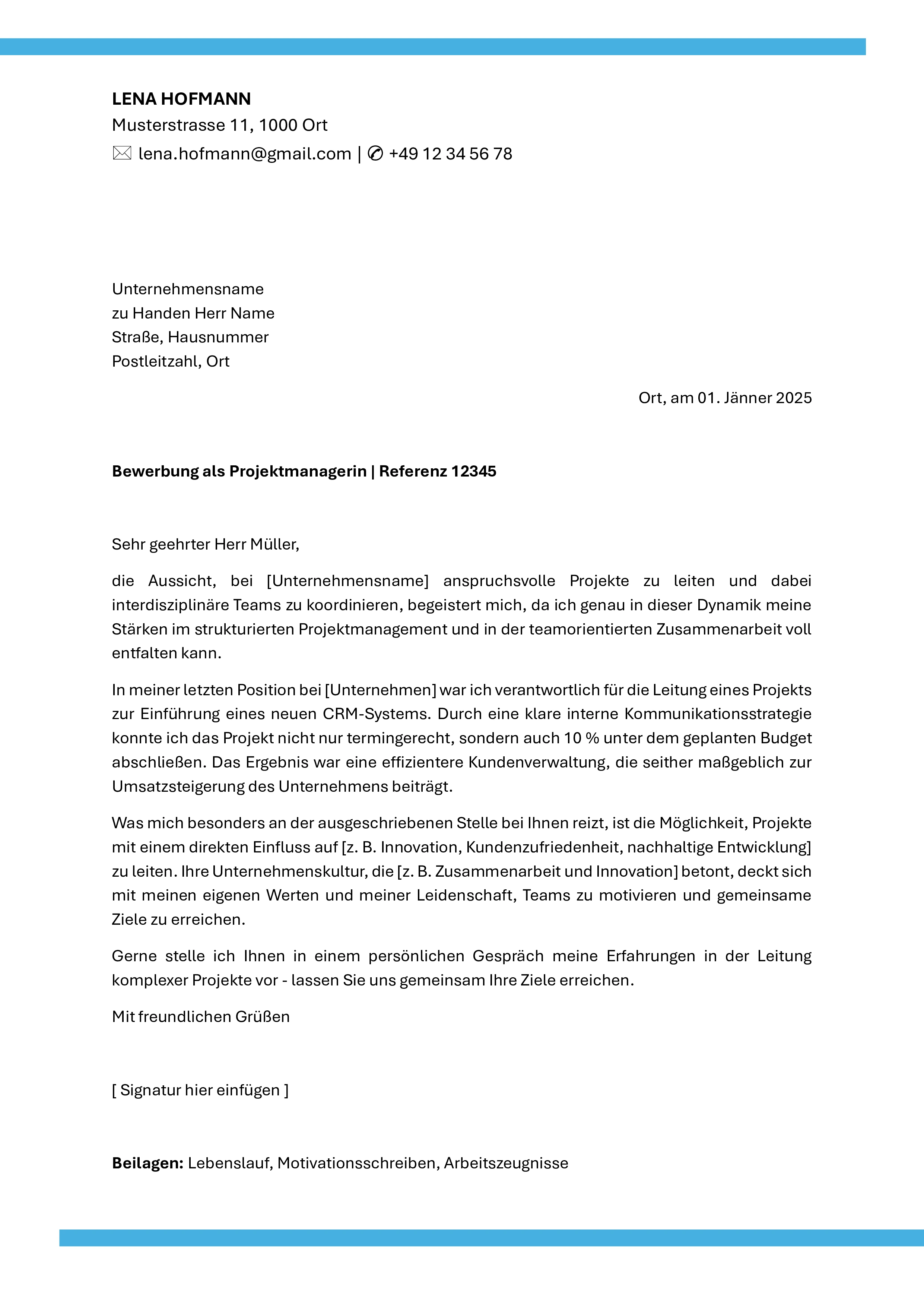 Professionelles Bewerbungsschreiben-Template mit eleganten blauen Akzentlinien, klarer Geschäftsstruktur und modernem Layout für Bewerber, die einen seriösen und kompetenten Eindruck bei anspruchsvollen Arbeitgebern hinterlassen möchten.