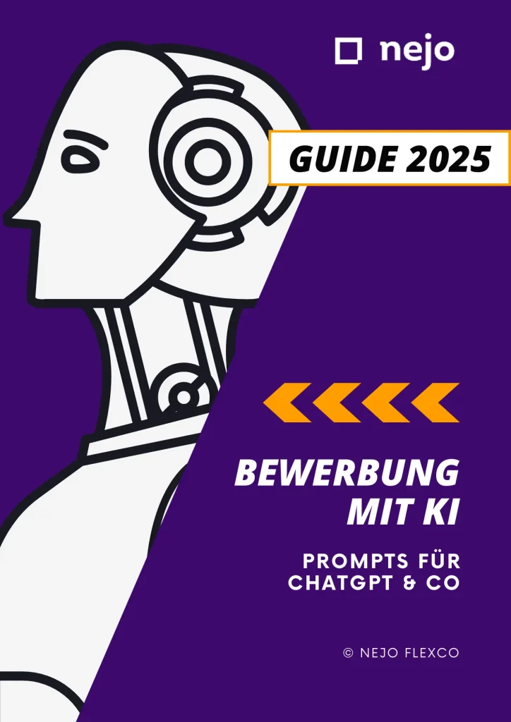 Cover des Nejo-Guides 2025 'Bewerbung mit KI' – Tipps und Prompts für die Nutzung von ChatGPT & Co. im Bewerbungsprozess. Lila Hintergrund mit stilisierter KI-Roboter-Illustration und gelben Pfeilen für modernes Design
