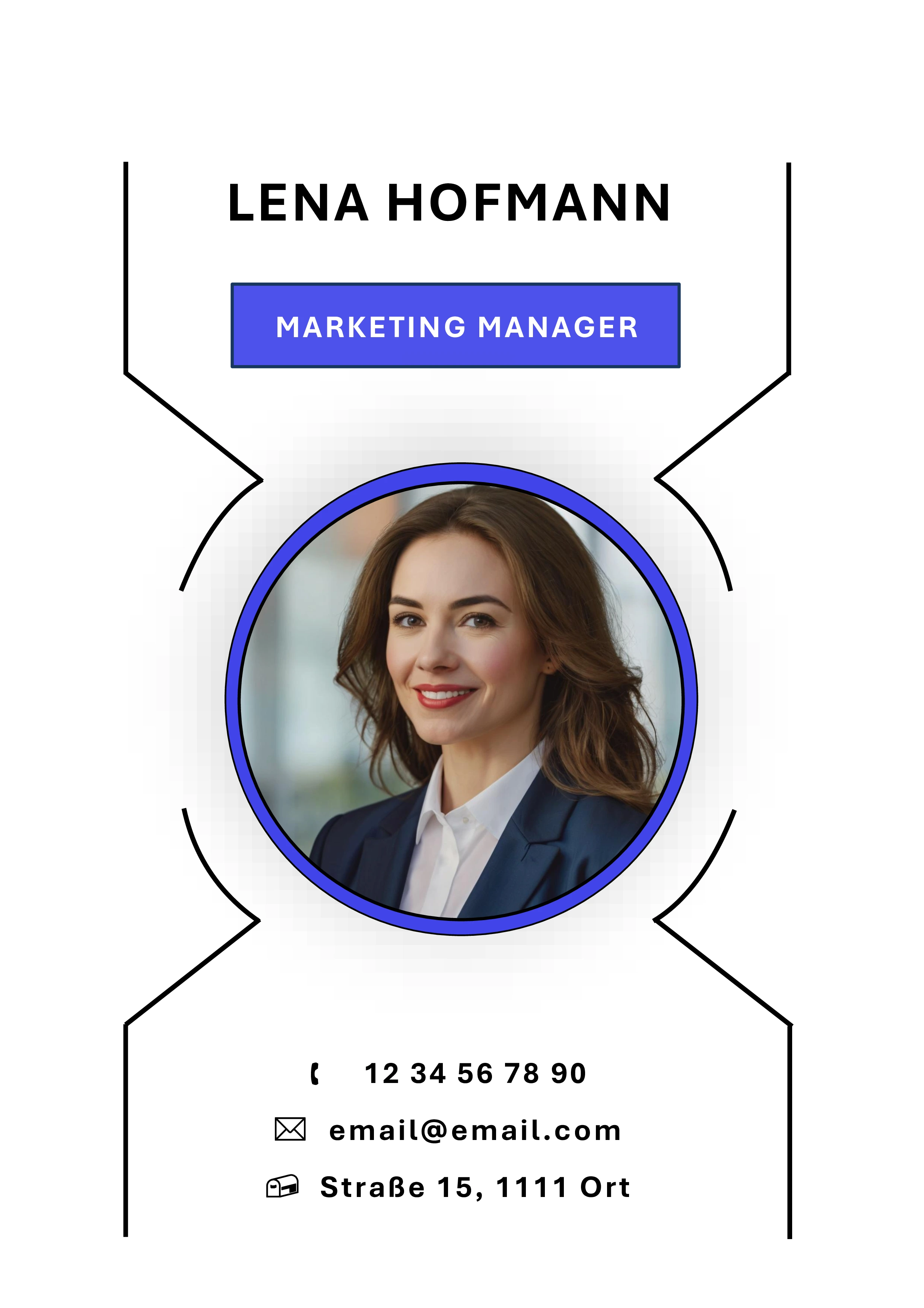 Deckblatt-Bewerbungsvorlage im geometrischen Design mit blauem Rahmen, zentralem Profilbild und klarer Positionierung als Marketing Manager – perfekt für kreative Berufsfelder